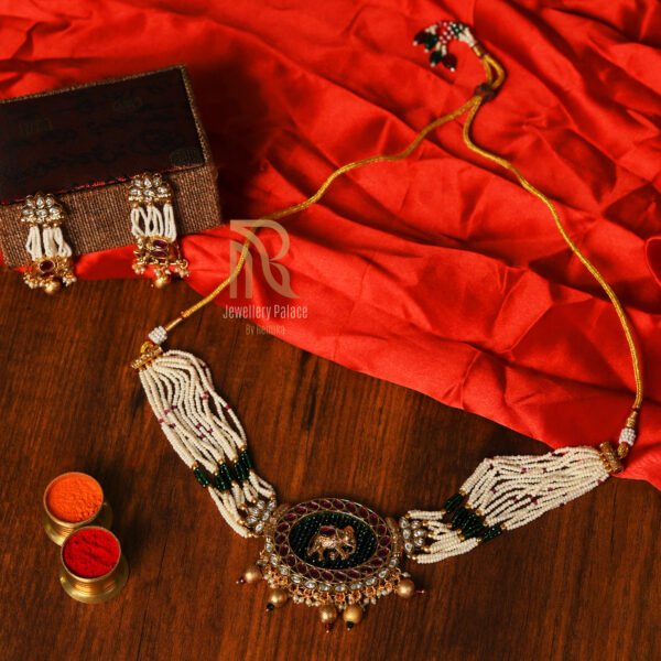 Antique Pearl Strand Necklace with Enamel Pendant & Earrings