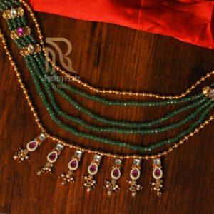 Emerald Beaded Necklace with Kundan & Ruby Droplet Charms