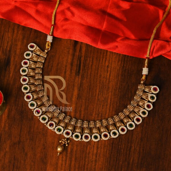 Antique Gold Lakshmi Coin Necklace with Ruby & Emerald Accents - Image 4