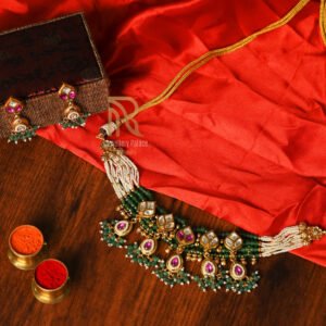 Kundan Necklace Set with Green Beads & Ruby Accents