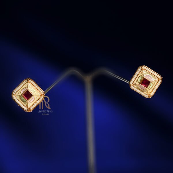 Royal Enamel Square Stud Earrings with Ruby Center