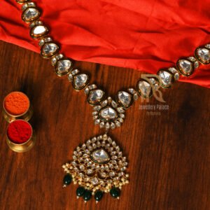 Royal Kundan Necklace with Statement Pendant & Green Bead Drops