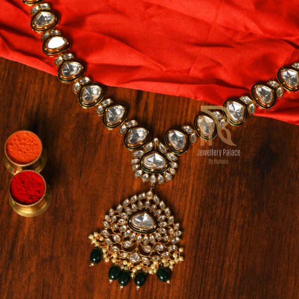 Royal Kundan Necklace with Statement Pendant & Green Bead Drops