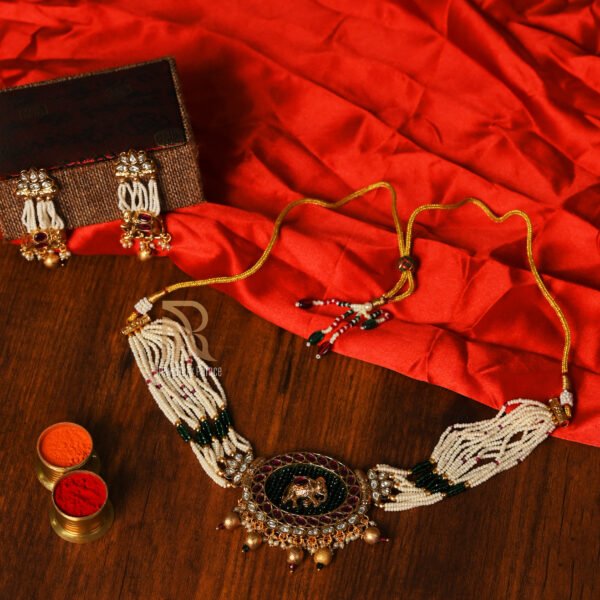 Antique Pearl Strand Necklace with Enamel Pendant & Earrings - Image 4
