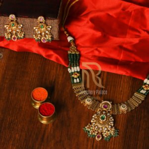 Antique Gold Temple Necklace with Kundan, Ruby & Emerald Accents