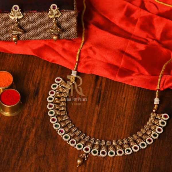 Antique Gold Lakshmi Coin Necklace with Ruby & Emerald Accents