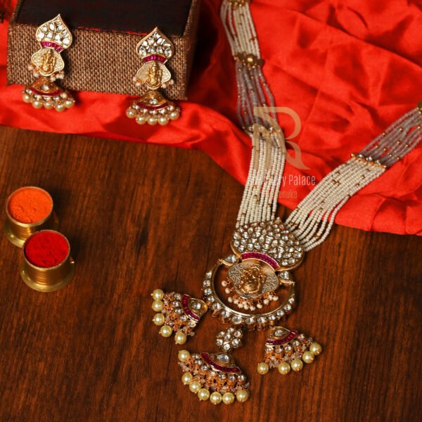 Kundan & Pearl Temple Necklace Set with Lakshmi Motif - Image 4