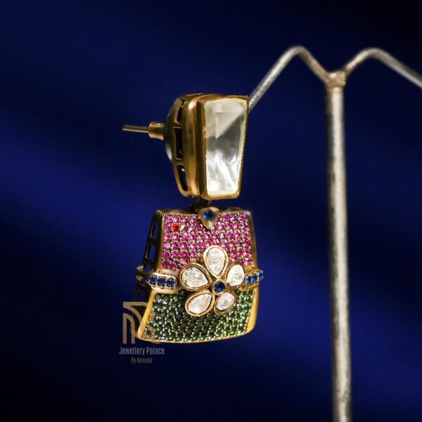 Floral Kundan & Dual-Tone Stone Earrings - Image 4