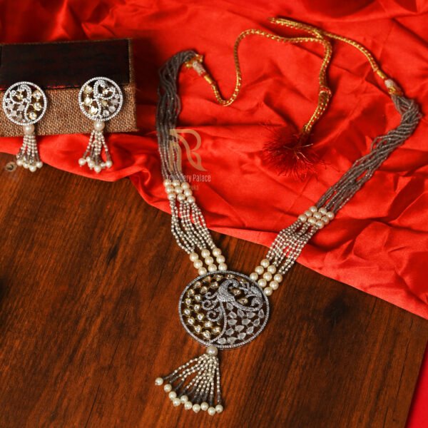 Elegant Pearl & Kundan Peacock Necklace Set with Earrings - Image 3