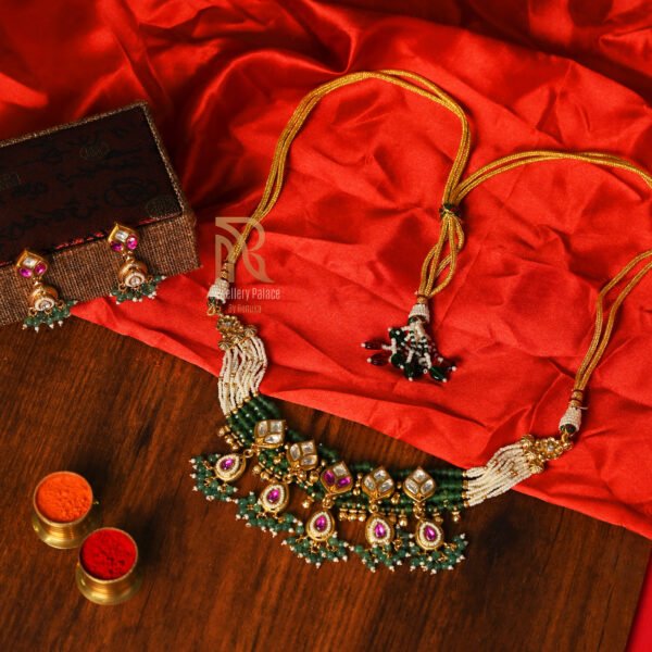 Kundan Necklace Set with Green Beads & Ruby Accents - Image 2