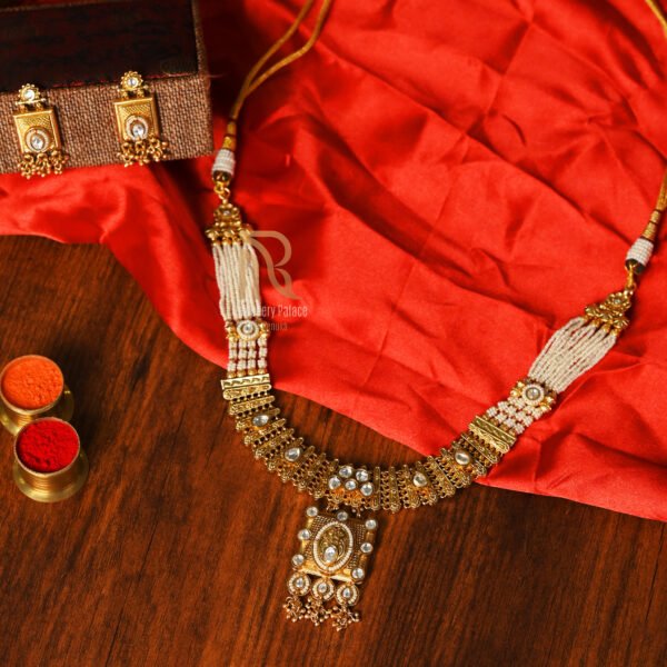 Antique Temple Necklace with Pearl Strands & Kundan Work - Image 4