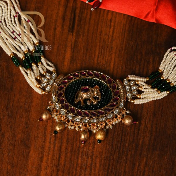 Antique Pearl Strand Necklace with Enamel Pendant & Earrings - Image 3