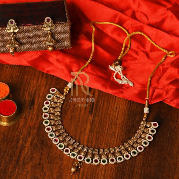 Antique Gold Lakshmi Coin Necklace with Ruby & Emerald Accents - Image 3