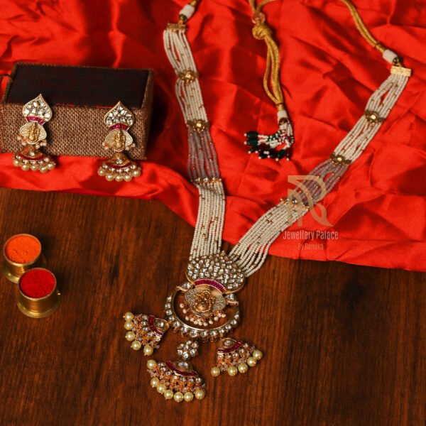 Kundan & Pearl Temple Necklace Set with Lakshmi Motif - Image 3