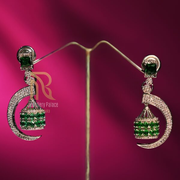 Emerald & Diamond Crescent Drop Earrings - Image 3