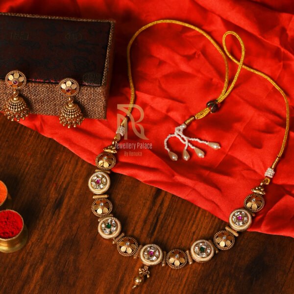 Antique Kundan Choker Necklace with Ruby & Emerald Accents - Image 3