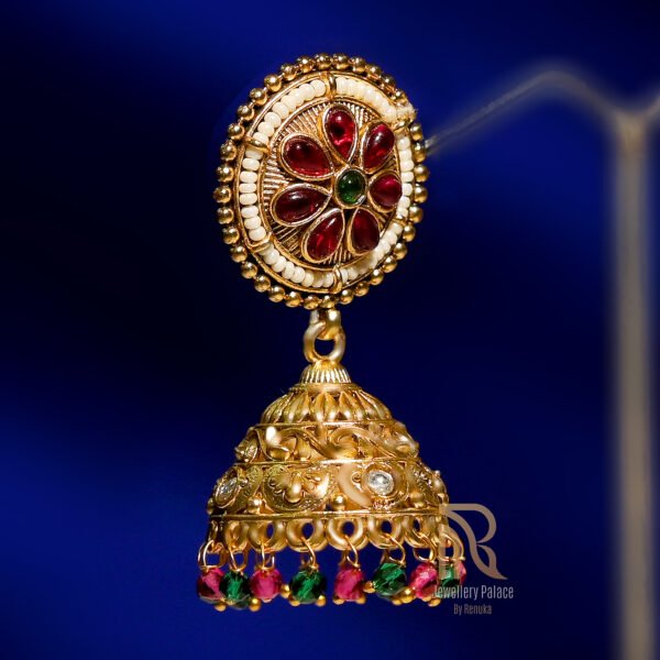 Floral Kundan Jhumka Earrings with Multicolor Beads - Image 3