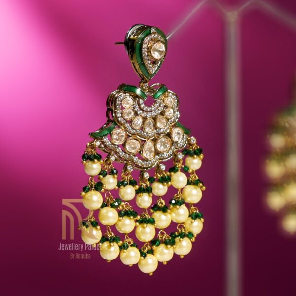 Royal Kundan Pearl Chandbali Earrings - Image 3