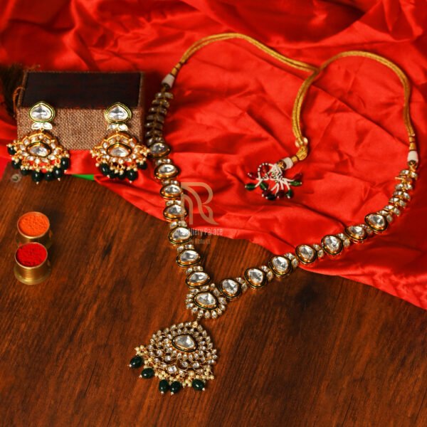 Royal Kundan Necklace with Statement Pendant & Green Bead Drops - Image 3