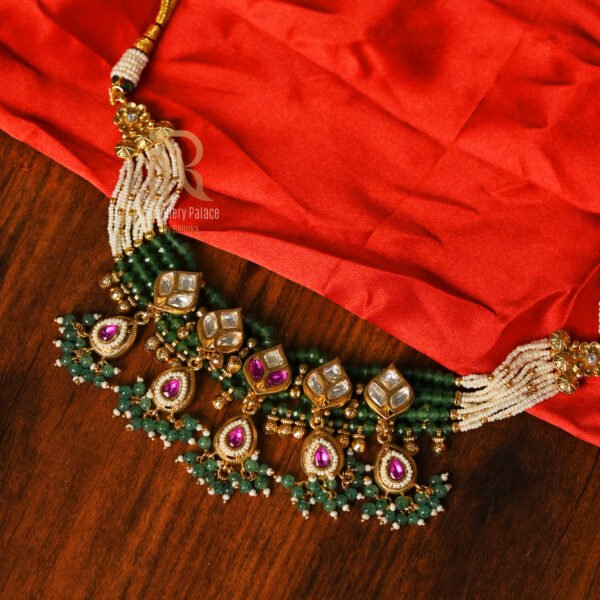 Kundan Necklace Set with Green Beads & Ruby Accents - Image 3