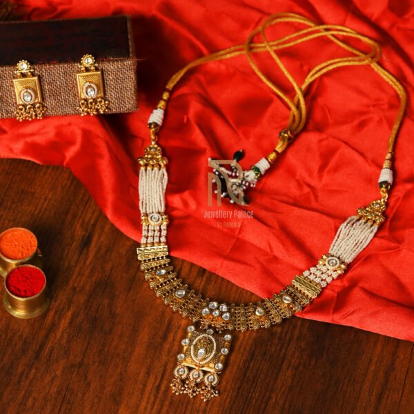 Antique Temple Necklace with Pearl Strands & Kundan Work - Image 3