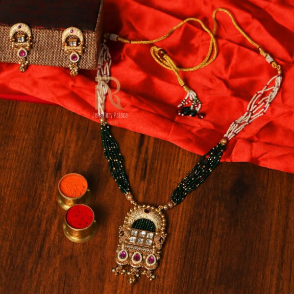 Antique Temple Design Pendant Necklace with Green Beads - Image 2
