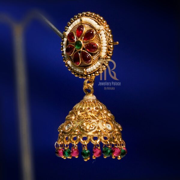 Floral Kundan Jhumka Earrings with Multicolor Beads - Image 2