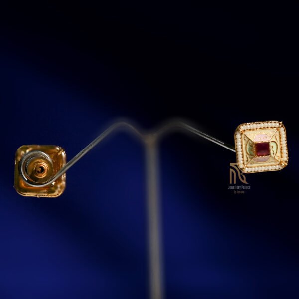 Royal Enamel Square Stud Earrings with Ruby Center - Image 2