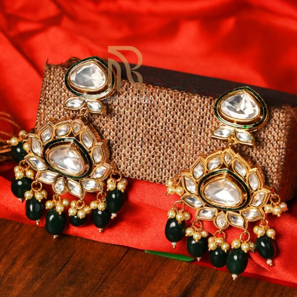 Royal Kundan Necklace with Statement Pendant & Green Bead Drops - Image 2