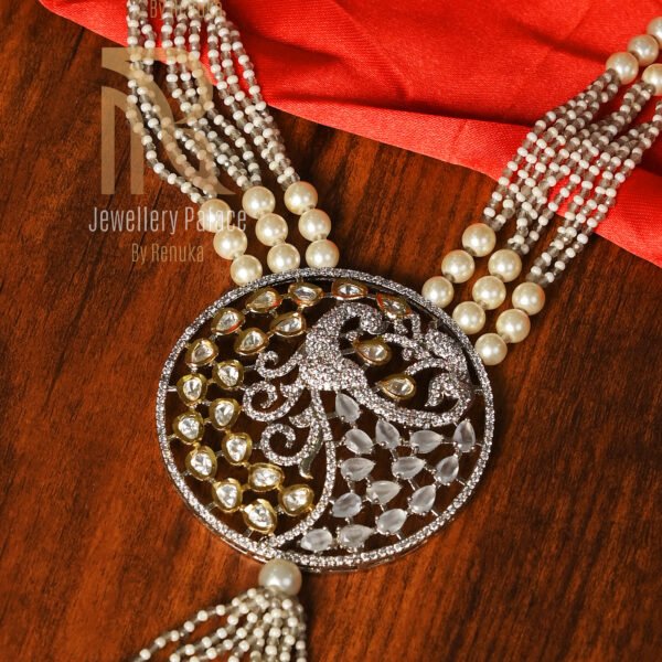 Elegant Pearl & Kundan Peacock Necklace Set with Earrings - Image 2